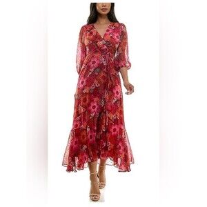 Maison Tara Red and Pink Floral High-Low Wrap Dress Size 12 New without Tags
